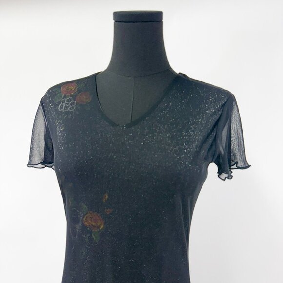 VINTAGE 90S STYLE LONG MESH MAXI DRESS SHIMMER WITH FLORALS - Picture 12 of 16